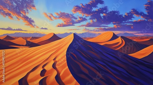 Desert landscape with towering sand dunes and a vibrant sunset casting long shadows across the terrain photo