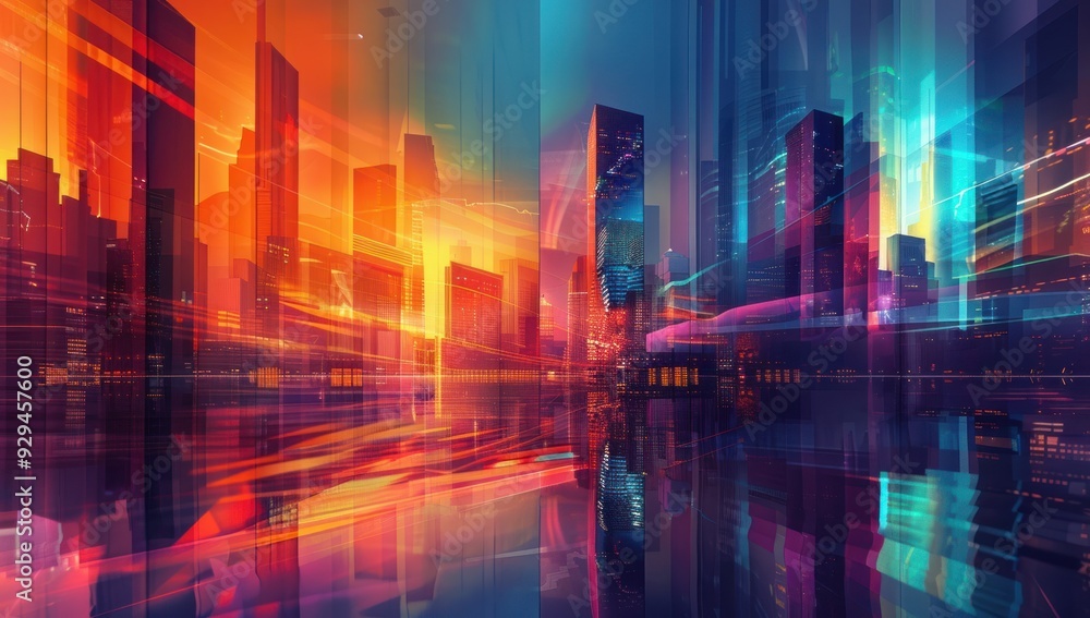 Naklejka premium Futuristic Cityscape with Vibrant Lights