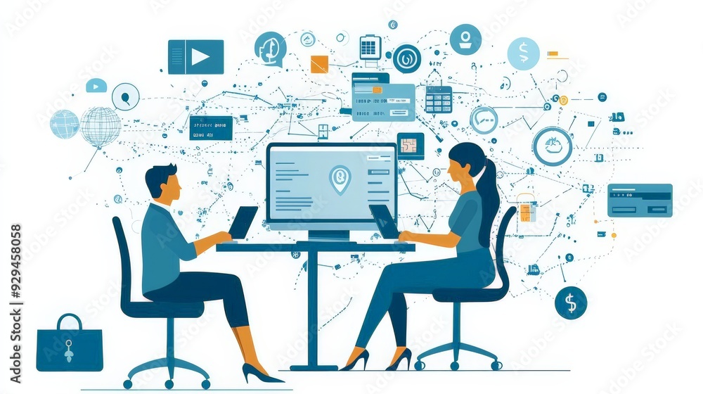 Illustration of two business professionals working on digital network and data analysis, surrounded by interconnected icons and financial elements, representing online business strategy and communicat Illustration of two business professionals working on digital network and data analysis, surrounded by interconnected icons and financial elements, representing online business strategy and communicat