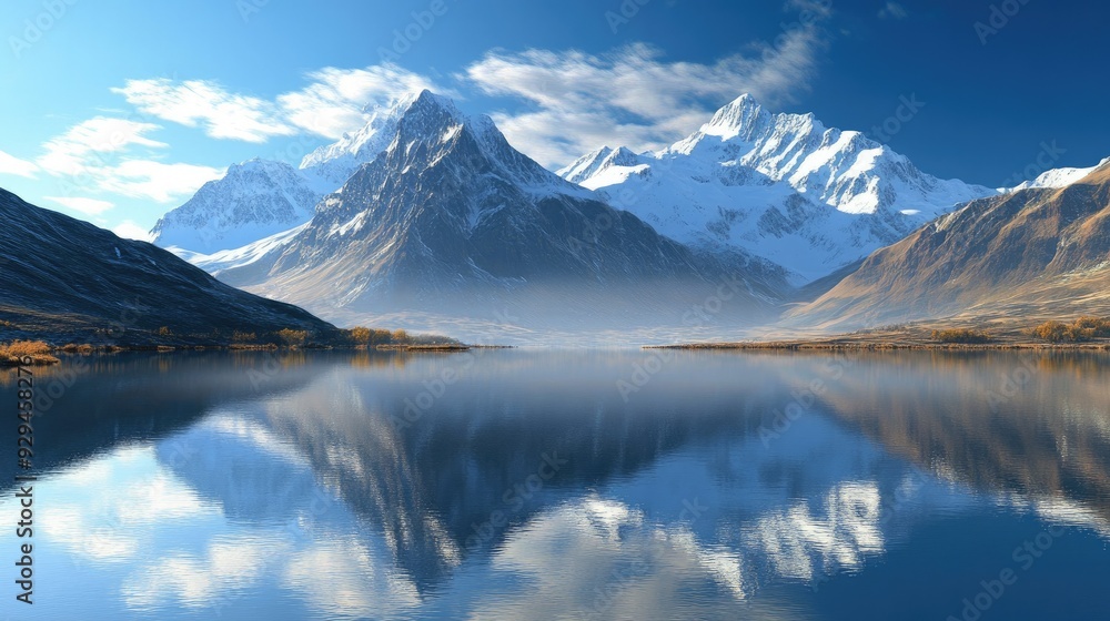 Serene mountain lake with snow-capped peaks in the background, reflecting on the calm water Serene mountain lake with snow-capped peaks in the background, reflecting on the calm water