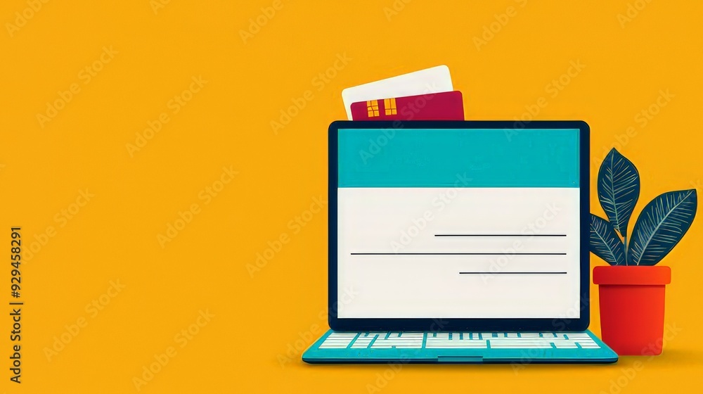 Illustration of a laptop displaying a blank screen, with credit cards placed on top and a potted plant beside it, set against a yellow background, symbolizing online finance and digital transactions. Illustration of a laptop displaying a blank screen, with credit cards placed on top and a potted plant beside it, set against a yellow background, symbolizing online finance and digital transactions.