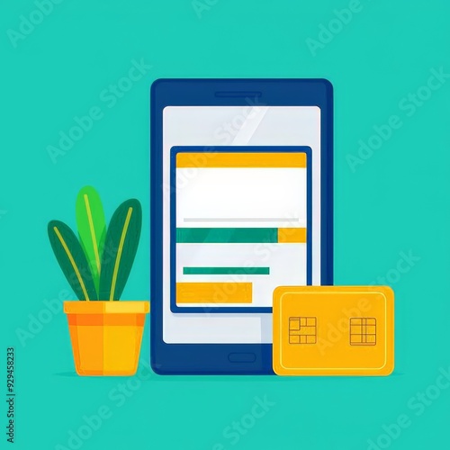 Illustration of a smartphone with a mobile banking interface, a yellow credit card, and a small plant on a teal background, symbolizing online financial management and digital payments. photo