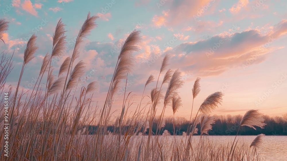 Obraz premium Serene riverbank with tall reeds swaying in the breeze, under a soft pink sunset sky