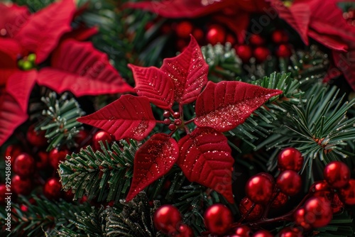 Close-up of red and green Christmas decorations, including poinsettias