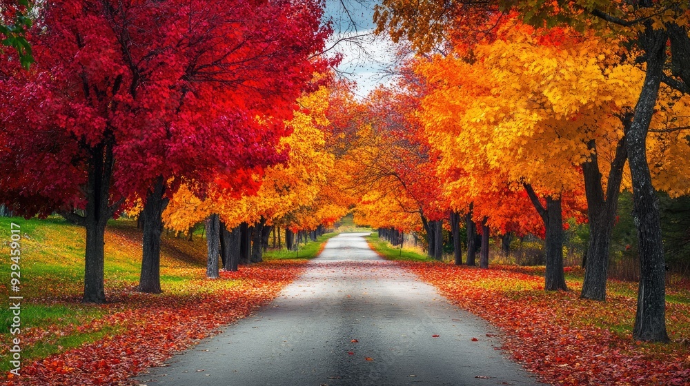 Naklejka premium Vibrant autumn landscape with trees ablaze in red, orange, and yellow hues, lining a quiet country road