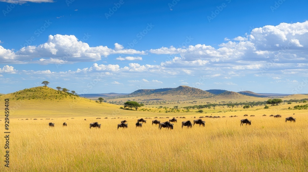 A vast savanna landscape with herds of animals grazing under a blue sky with clouds. A vast savanna landscape with herds of animals grazing under a blue sky with clouds.