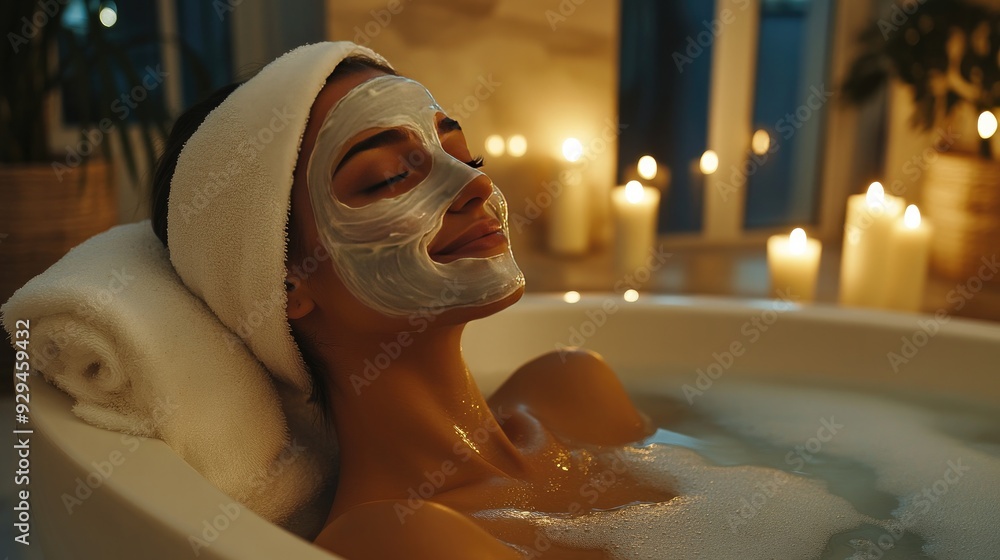 Woman enjoying a spa day at home, applying a face mask and soaking in a bubble bath with candles lit Woman enjoying a spa day at home, applying a face mask and soaking in a bubble bath with candles lit