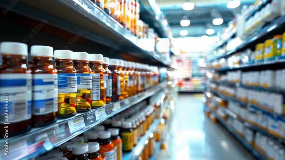 A variety of medicine bottles line the shelves of a pharmacy, with a slight blur in the foreground and bright lighting illuminating the aisle. A variety of medicine bottles line the shelves of a pharmacy, with a slight blur in the foreground and bright lighting illuminating the aisle.