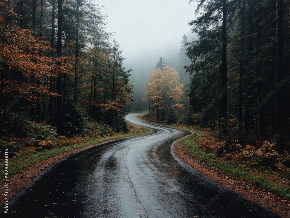 Obraz premium A road with leaves on the ground and a wet road