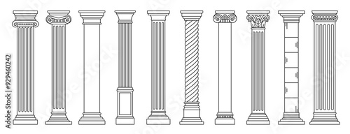 Line Greek pillars and Roman columns, ancient architecture and antique buildings, vector icons. Greece or Rome architecture column pillars of marble stone in line art with pilasters and ornate cornice