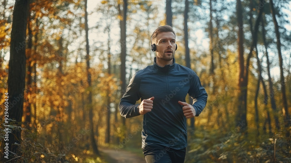 Man jogging on a scenic trail through a forest, wearing athletic gear and headphones, focused on his run Man jogging on a scenic trail through a forest, wearing athletic gear and headphones, focused on his run