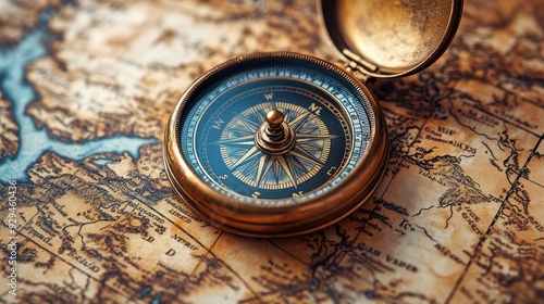 weathered brass compass rests atop an aged sepiatoned map nostalgic scene evoking exploration adventure and lifes crossroads