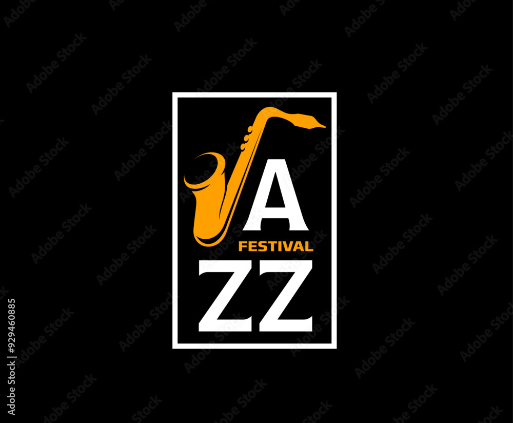 Jazz music icon for music bar or live concert festival with saxophone, vector emblem. Jazz festival sign with sax in frame for live band concert, night club and musical entertainment bar banner Jazz music icon for music bar or live concert festival with saxophone, vector emblem. Jazz festival sign with sax in frame for live band concert, night club and musical entertainment bar banner