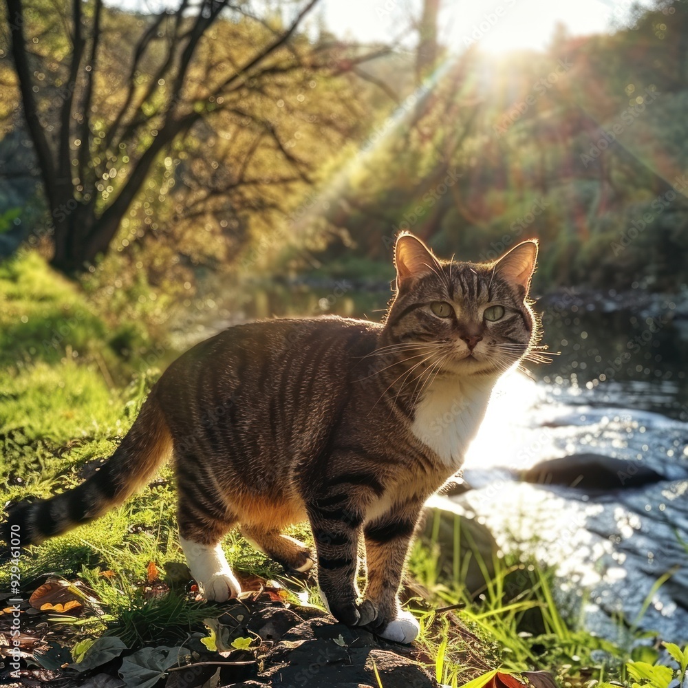 Obraz premium Cat in Sunlight by the River