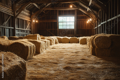 A field of hay is shown in a barn with a window