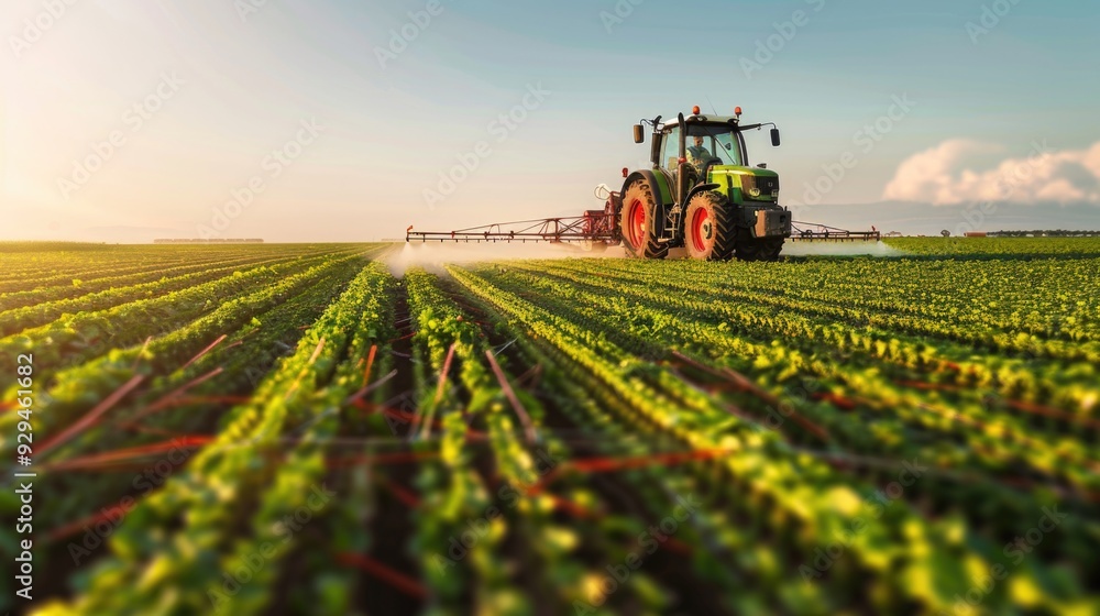 Agricultural machinery applying pesticides in a farm setting Agricultural machinery applying pesticides in a farm setting