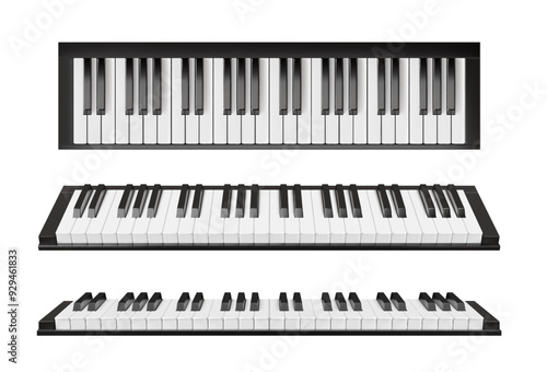 Realistic piano keyboard with keys, synthesizer or music instrument, vector isolated 3D object. Realistic piano or electronic musical instrument of jazz and classic music with top and 45 degree view