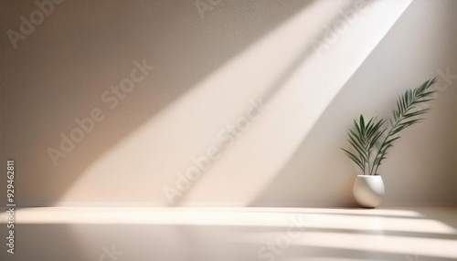 minimalistic simple light pearl background for product presentation incident light from the window on the wall and floor