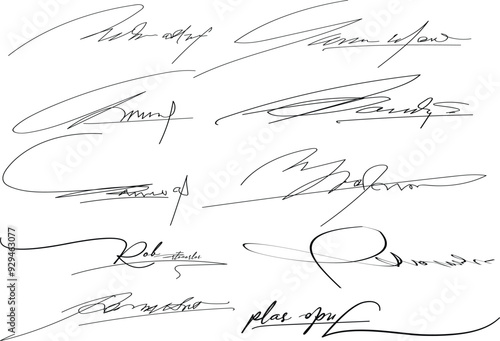 Collection of fictitious contract signatures. Autograph illustration, Document signatures or handwriting personal name letters and surname,Signature document.eps