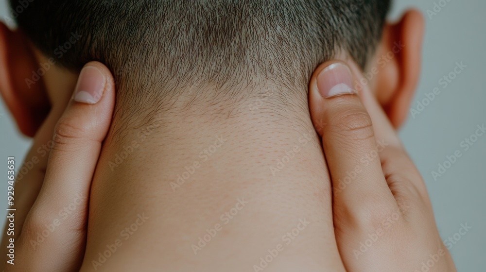 A man rubbing his neck with both hands while looking at the camera, AI A man rubbing his neck with both hands while looking at the camera, AI