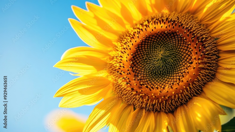 Naklejka premium A close-up of a single sunflower, with its bright yellow petals and intricate center against a clear blue sky