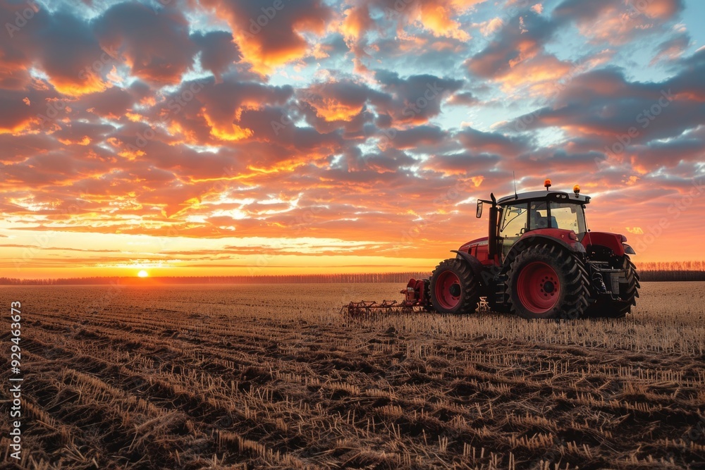 Fototapeta premium A tractor plowing a field during a beautiful sunset