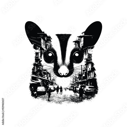 silhouette of Sugar glider, filled with ghetto street in rough drawing,