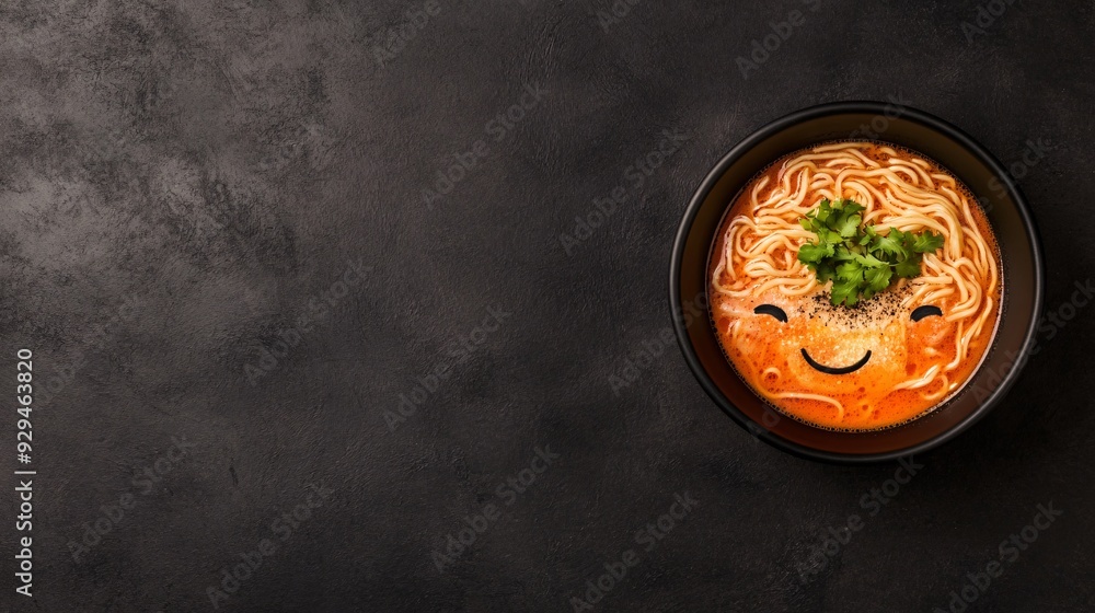 A bowl of noodles with a smiling face, garnished with herbs, on a dark textured background. A bowl of noodles with a smiling face, garnished with herbs, on a dark textured background.