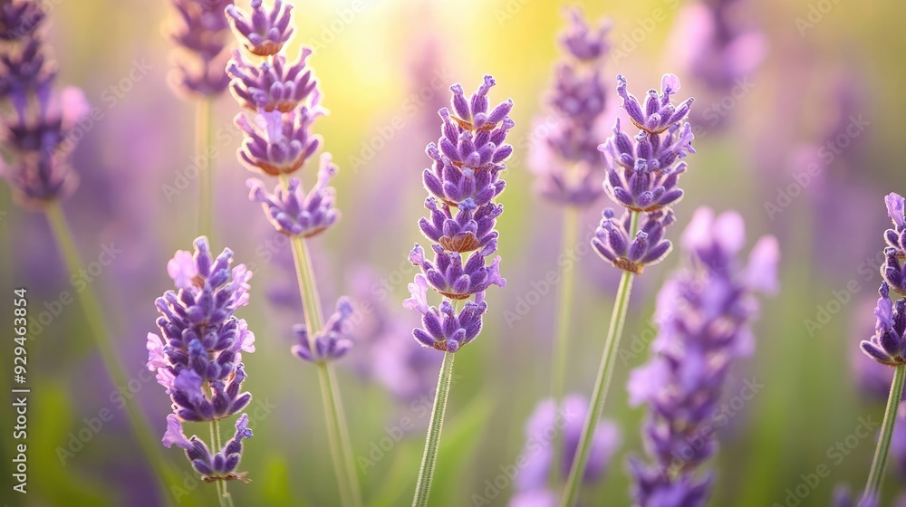 Fototapeta premium A close-up of lavender flowers swaying gently in the breeze, with a soft focus on the background