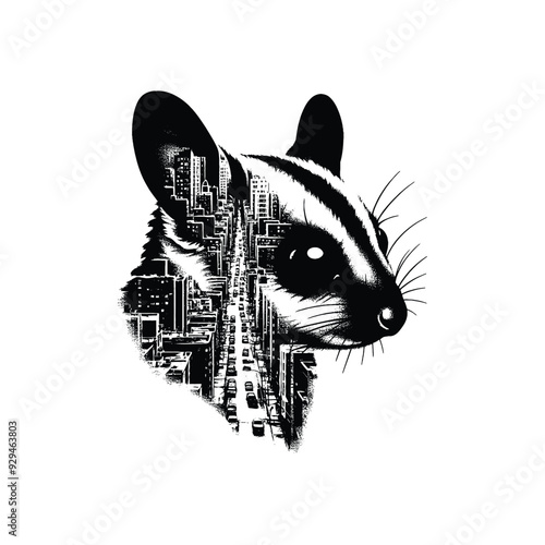 silhouette of Sugar glider, filled with ghetto street in rough drawing,
