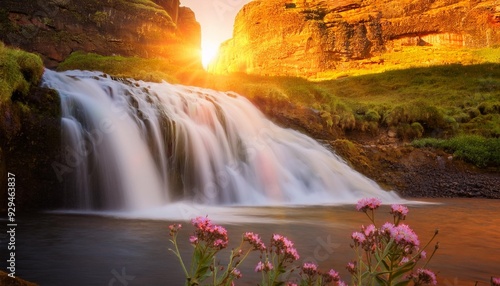 sunset falls glowing waterfall at sunset golden tranquility serene landscape