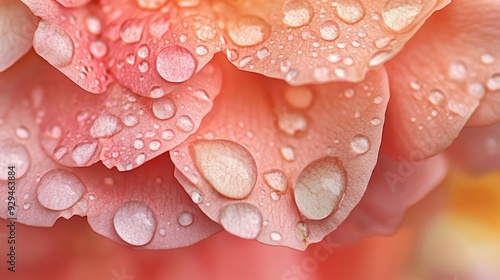 A close-up of raindrops on the petals of a pink rose, with the droplets glistening in the soft light