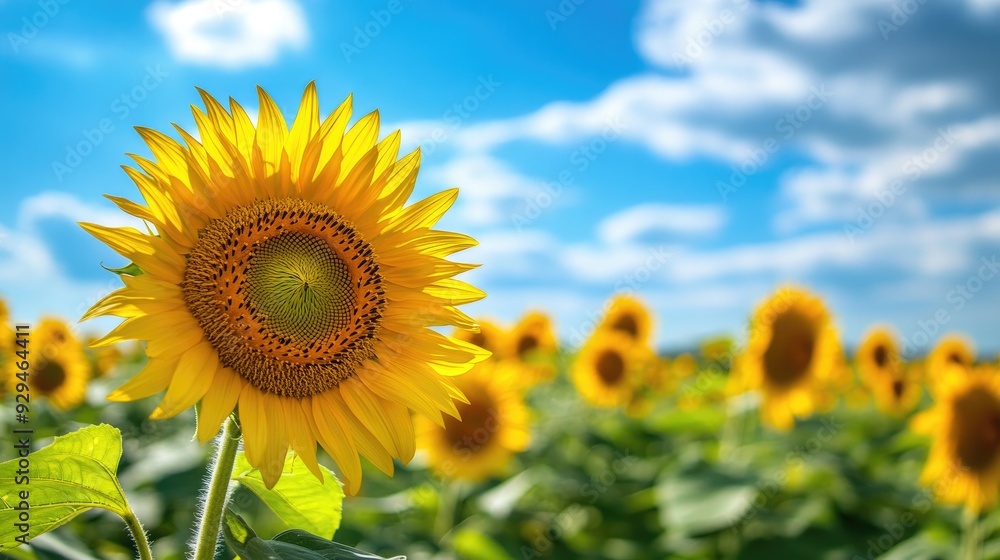 A field of sunflowers stretching towards a bright blue sky, with a focus on the largest flower in the foreground A field of sunflowers stretching towards a bright blue sky, with a focus on the largest flower in the foreground