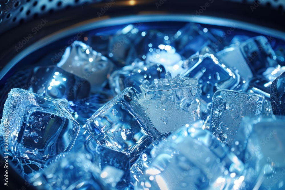 Close-up of ice cubes in the drum inside an eco-friendly washing machine Close-up of ice cubes in the drum inside an eco-friendly washing machine