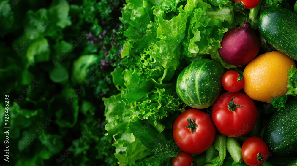 A bunch of vegetables including tomatoes, cucumbers, and lettuce A bunch of vegetables including tomatoes, cucumbers, and lettuce