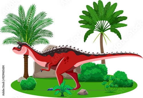 Carnotaurus prehistoric dinosaur character. Isolated cartoon vector carnivorous ancient reptile. Dino predator in a lush, vibrant tropical landscape with banana and palm trees, green bush and rock