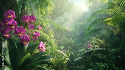 A tropical rainforest scene with vibrant orchids, large ferns, and a misty atmosphere