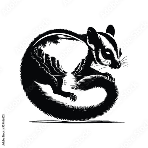 silhouette of Sugar glider filled with river view in rough drawing,