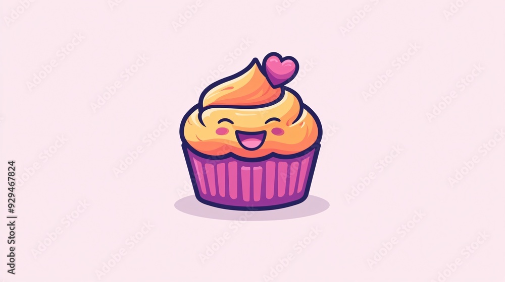 A cheerful cupcake with a smiling face and a heart-shaped decoration on top. A cheerful cupcake with a smiling face and a heart-shaped decoration on top.