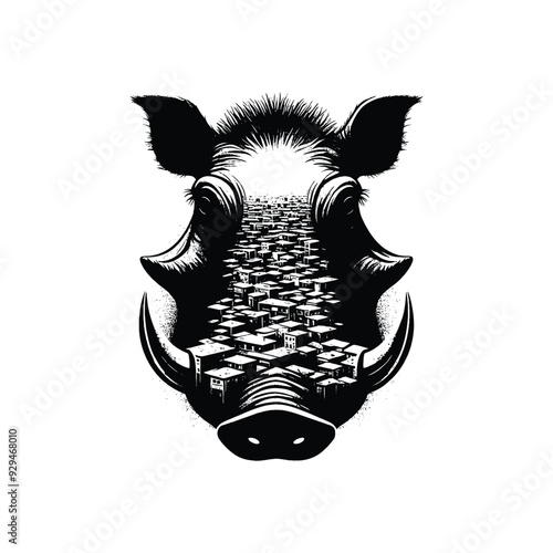 silhouette of Warthog, filled with ghetto street in rough drawing,