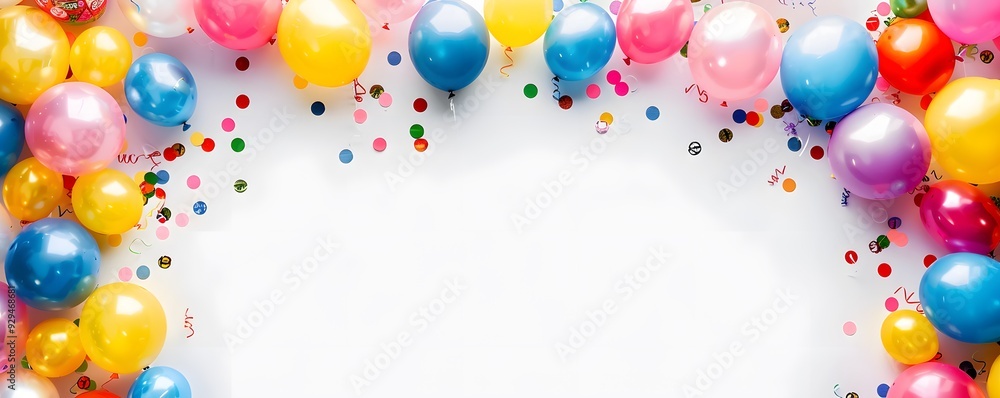 Colorful Balloons and Confetti Scattered on a White Background Colorful Balloons and Confetti Scattered on a White Background