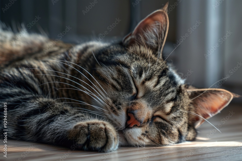 A close-up view of a cat resting on a wooden floor, highlighting its relaxed posture and natural fur texture A close-up view of a cat resting on a wooden floor, highlighting its relaxed posture and natural fur texture