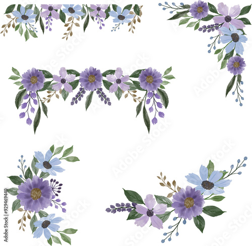 arrangement of purple and blue watercolor spring flower 