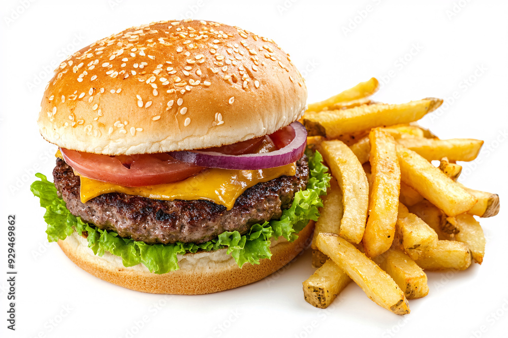 A hamburger with lettuce and onions on top of a bun, and a side of french fries A hamburger with lettuce and onions on top of a bun, and a side of french fries
