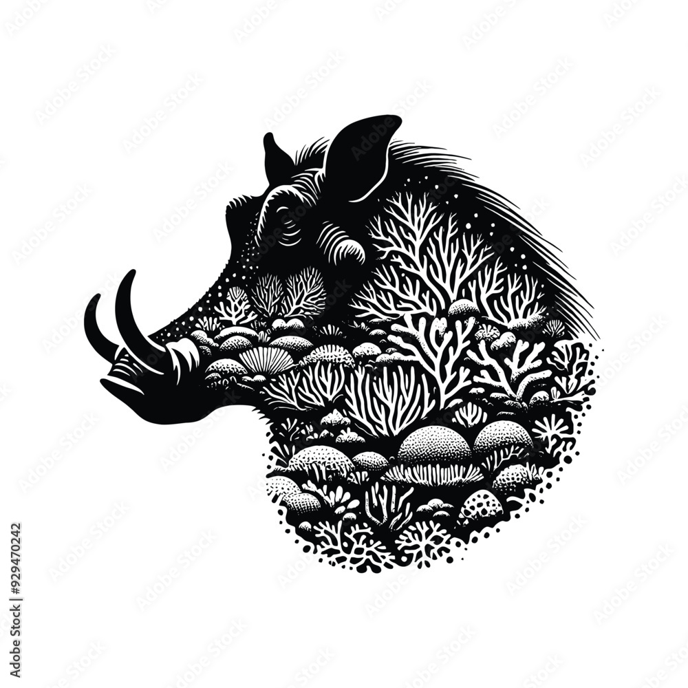 silhouette of Warthog, filled with underwater view with coral in rough drawing,