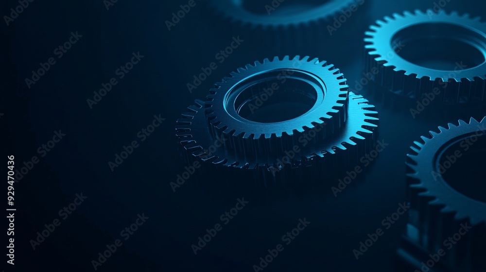 A close-up of metallic gears illuminated in blue light, showcasing industrial design and mechanics. A close-up of metallic gears illuminated in blue light, showcasing industrial design and mechanics.