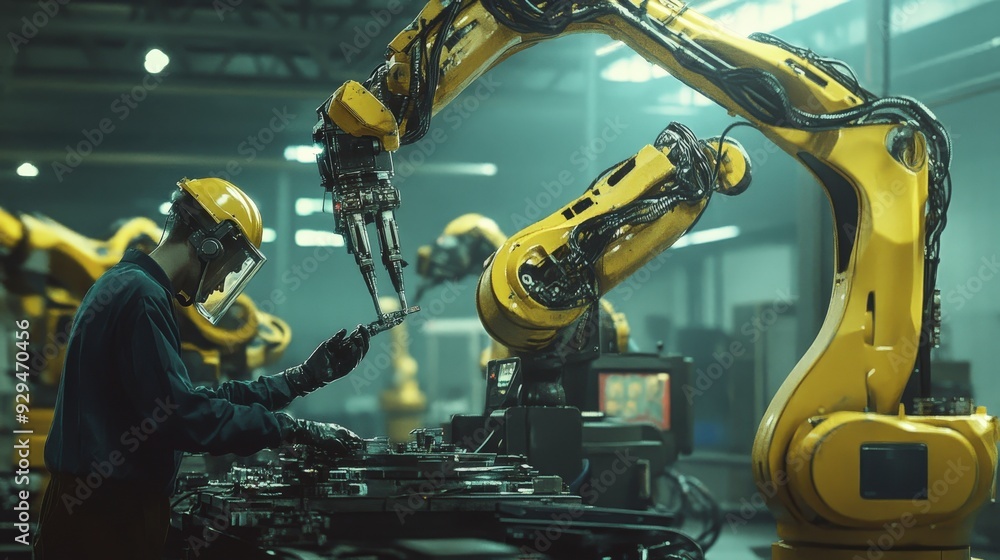 A robotic arm assists a worker in an industrial setting, showcasing automation and technology. A robotic arm assists a worker in an industrial setting, showcasing automation and technology.