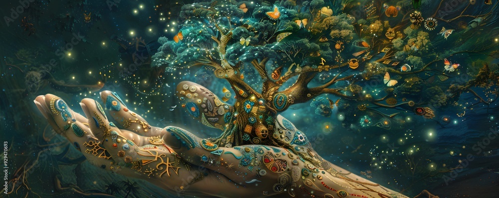 A Decorated Hand Holding a Lush, Ornamental Tree A Decorated Hand Holding a Lush, Ornamental Tree