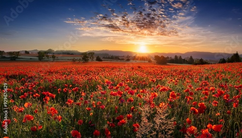 poppy field at sunset