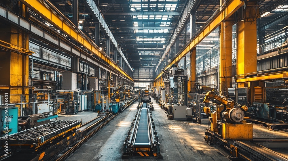 An interior shot of a large factory with heavy machinery and equipment, including conveyor belts and industrial robots in action An interior shot of a large factory with heavy machinery and equipment, including conveyor belts and industrial robots in action
